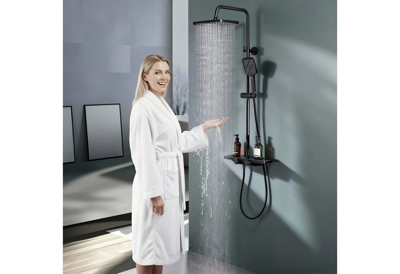 HOMELIVE Duschsystem mit Thermostat, 12 Zoll Regendusche & Glasablage, Schwarz - Bild 2
