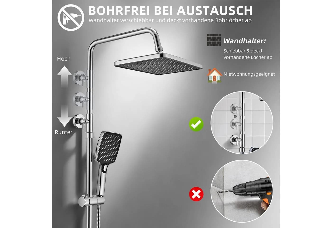 HOMELIVE Duschsystem Thermostat Regendusche 30 cm Chrom höhenverstellbar - Bild 3