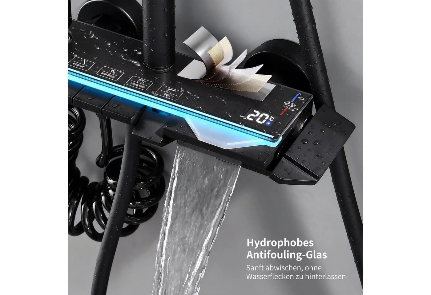 HOMELIVE Brausegarnitur Duschsystem Warm/Kalt Klaviertasten Digital Temperaturanzeige 3 Strahlarten Handbrause Wasserfallauslauf Höhenverstellbar Schwarz