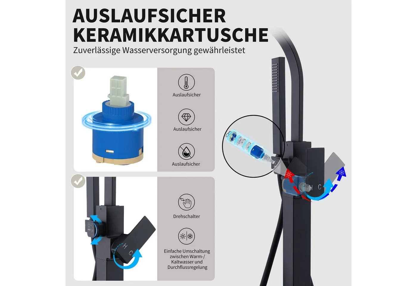 HOMELIVE Freistehende Badewannenarmatur Schwarz Matt Wasserfall