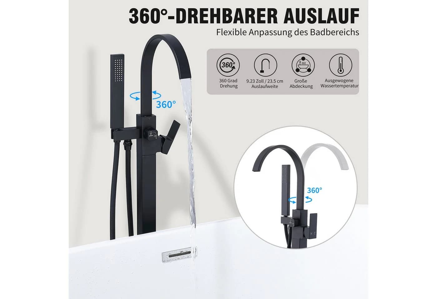 HOMELIVE Freistehende Badewannenarmatur Schwarz Matt Wasserfall - Bild 3