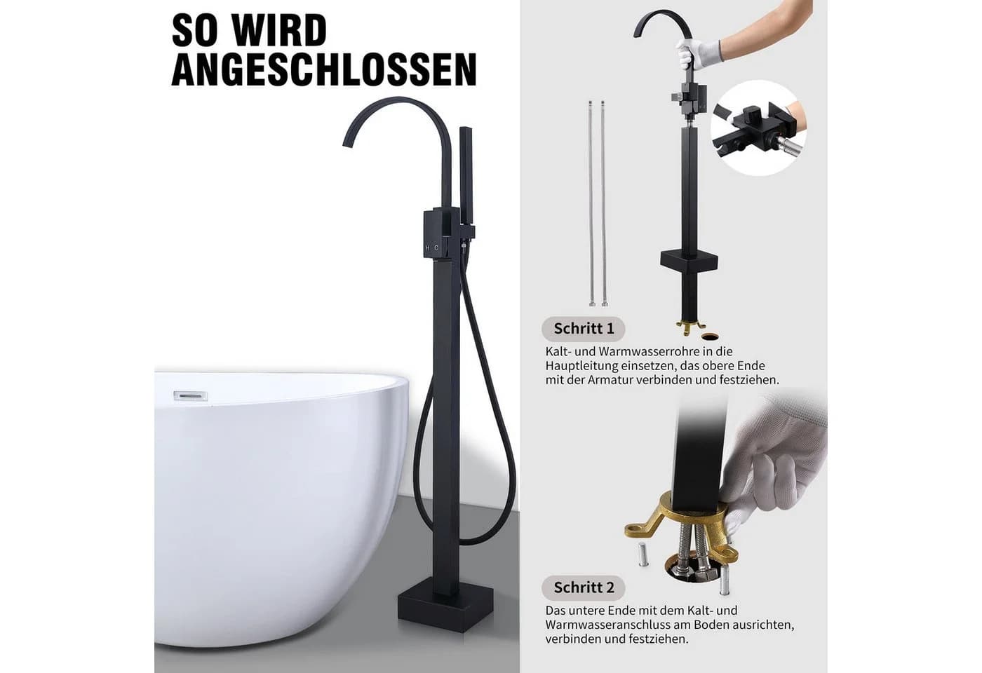 HOMELIVE Freistehende Badewannenarmatur Schwarz Matt Wasserfall - Bild 4