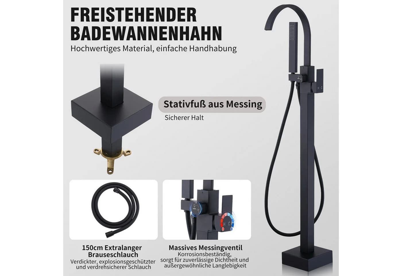 HOMELIVE Freistehende Badewannenarmatur Schwarz Matt Wasserfall - Bild 5
