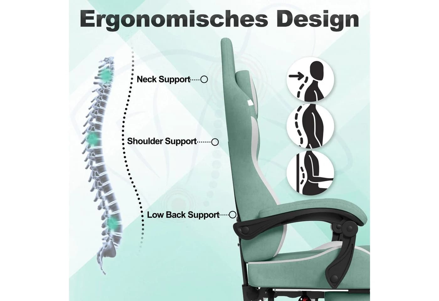 FIVMEN Gaming-Stuhl Ergonomisch mit Massage-Lendenkissen und Fußstütze Grün - Bild 3
