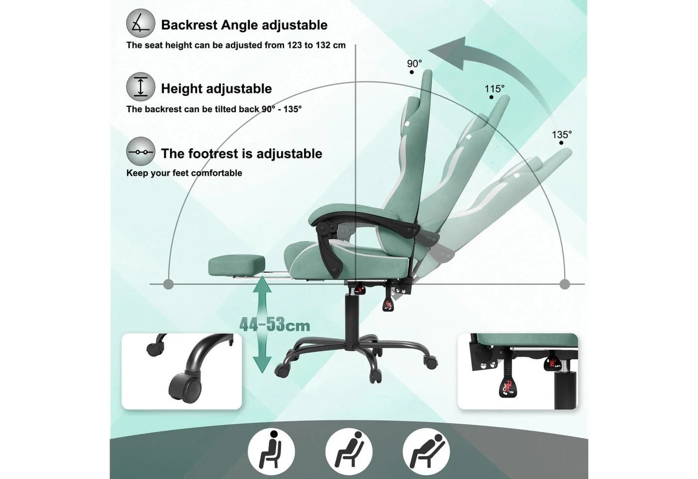 FIVMEN Gaming-Stuhl Ergonomisch mit Massage-Lendenkissen und Fußstütze Grün - Bild 4