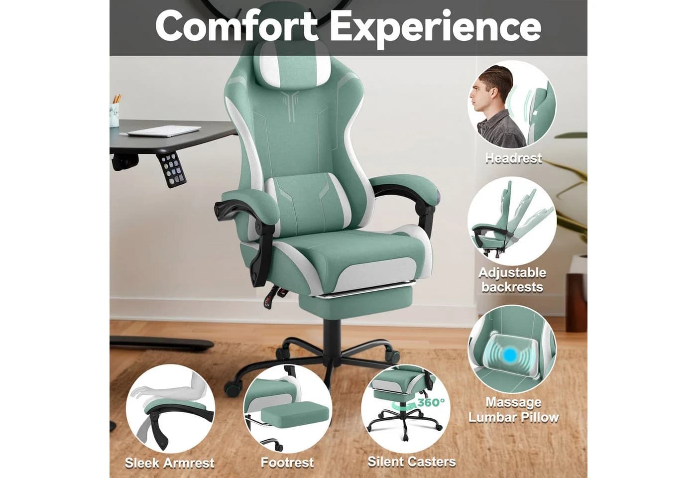 FIVMEN Gaming-Stuhl Ergonomisch mit Massage-Lendenkissen und Fußstütze Grün - Bild 5