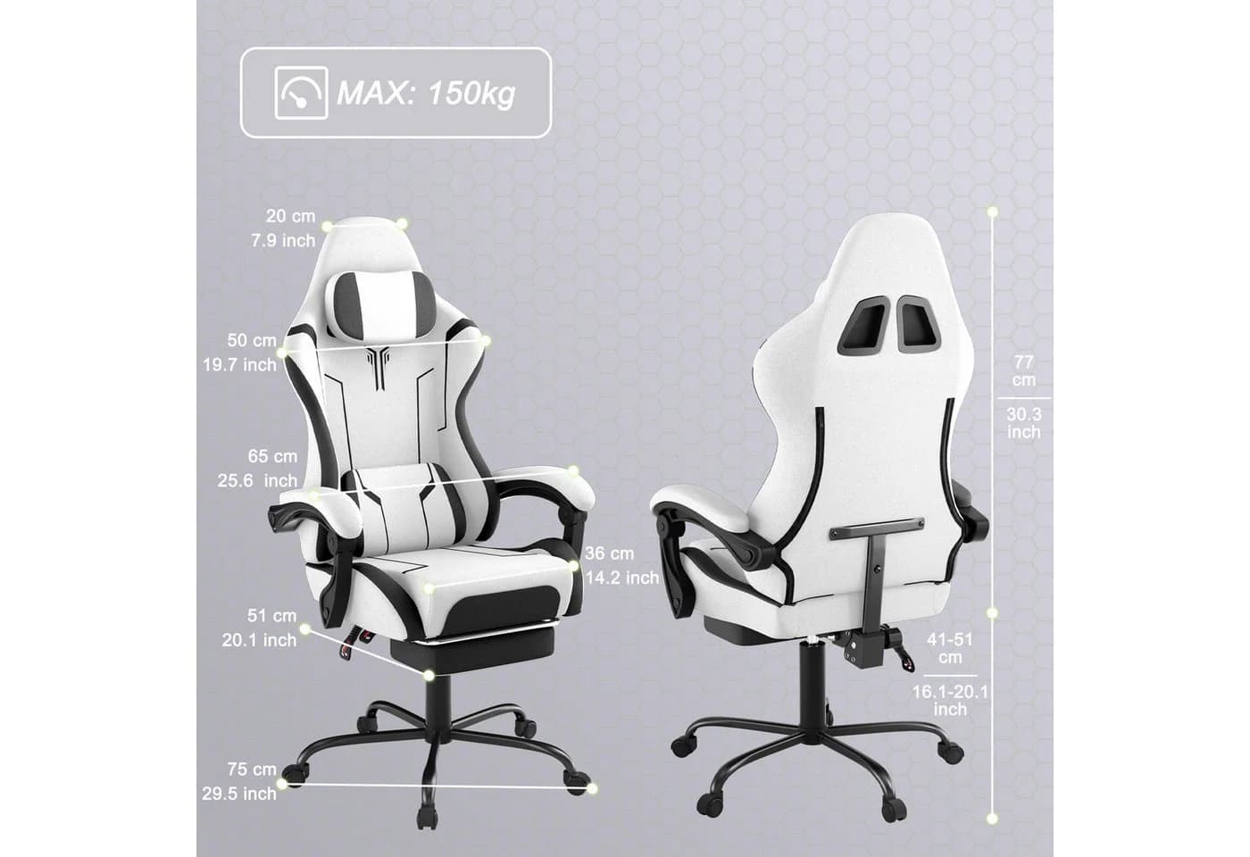 FIVMEN Gaming-Stuhl Racing Ergonomisch mit Massage-Fußstütze Weiß