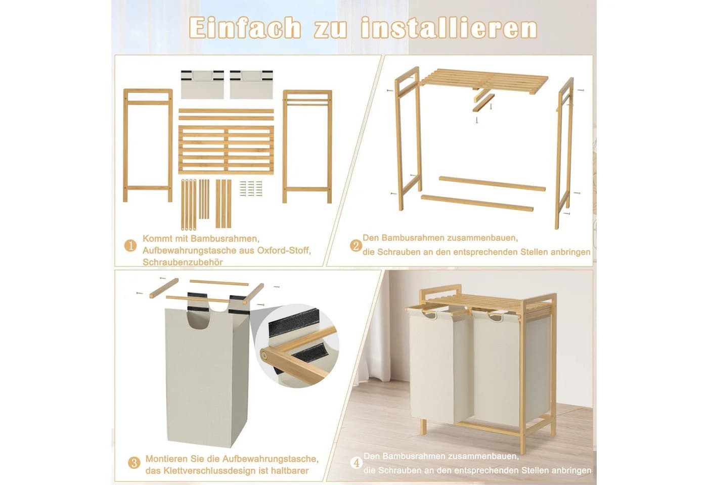 FIVMEN Wäschekorb Zweistöckig Beige Grau Bambus