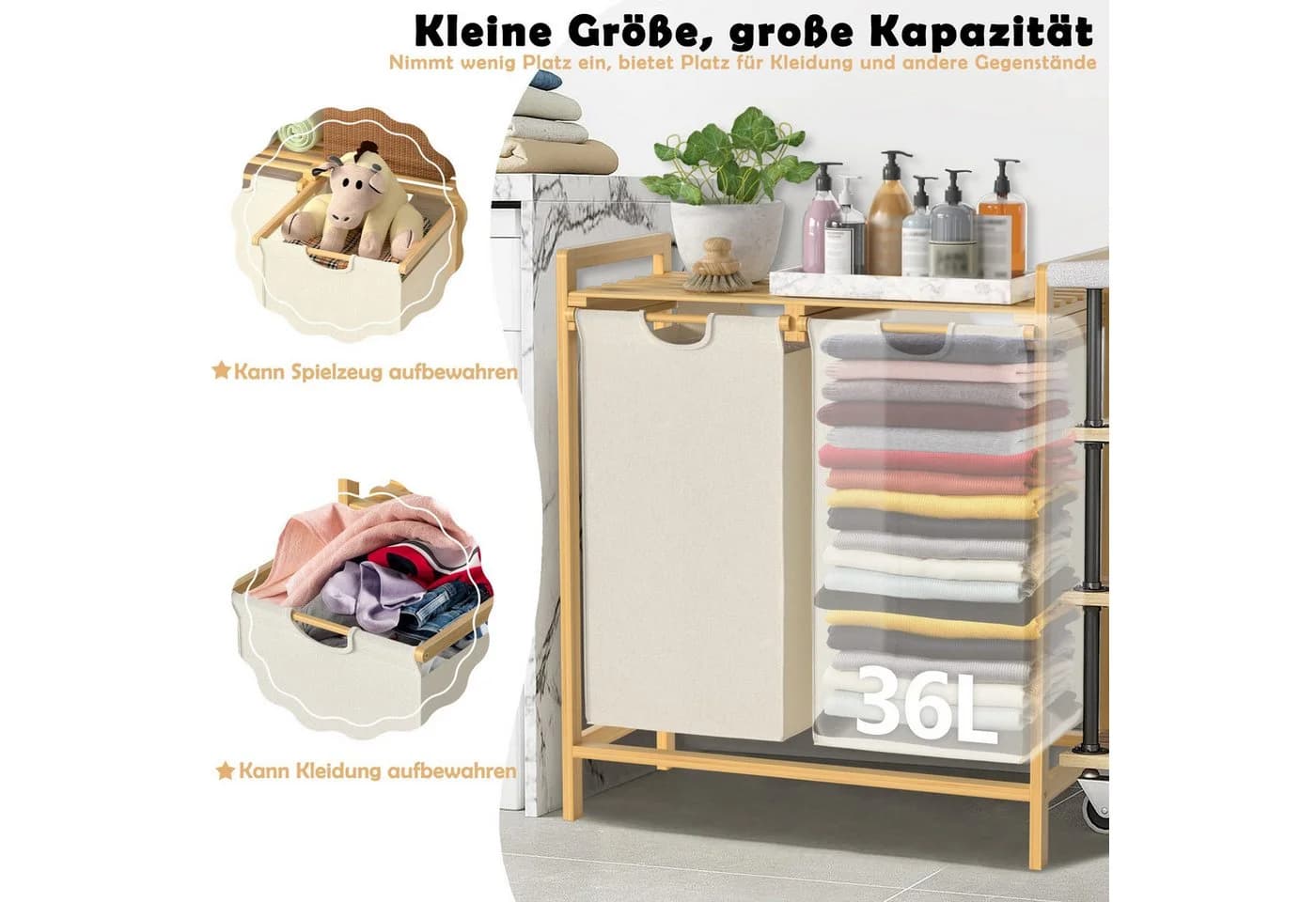 FIVMEN Wäschekorb Zweistöckig Beige Grau Bambus - Bild 3