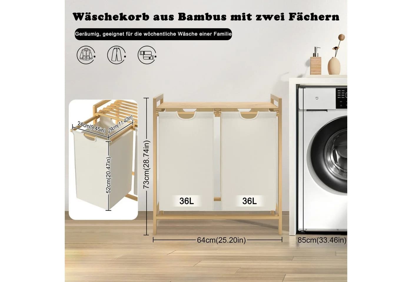 FIVMEN Wäschekorb Zweistöckig Beige Grau Bambus - Bild 4
