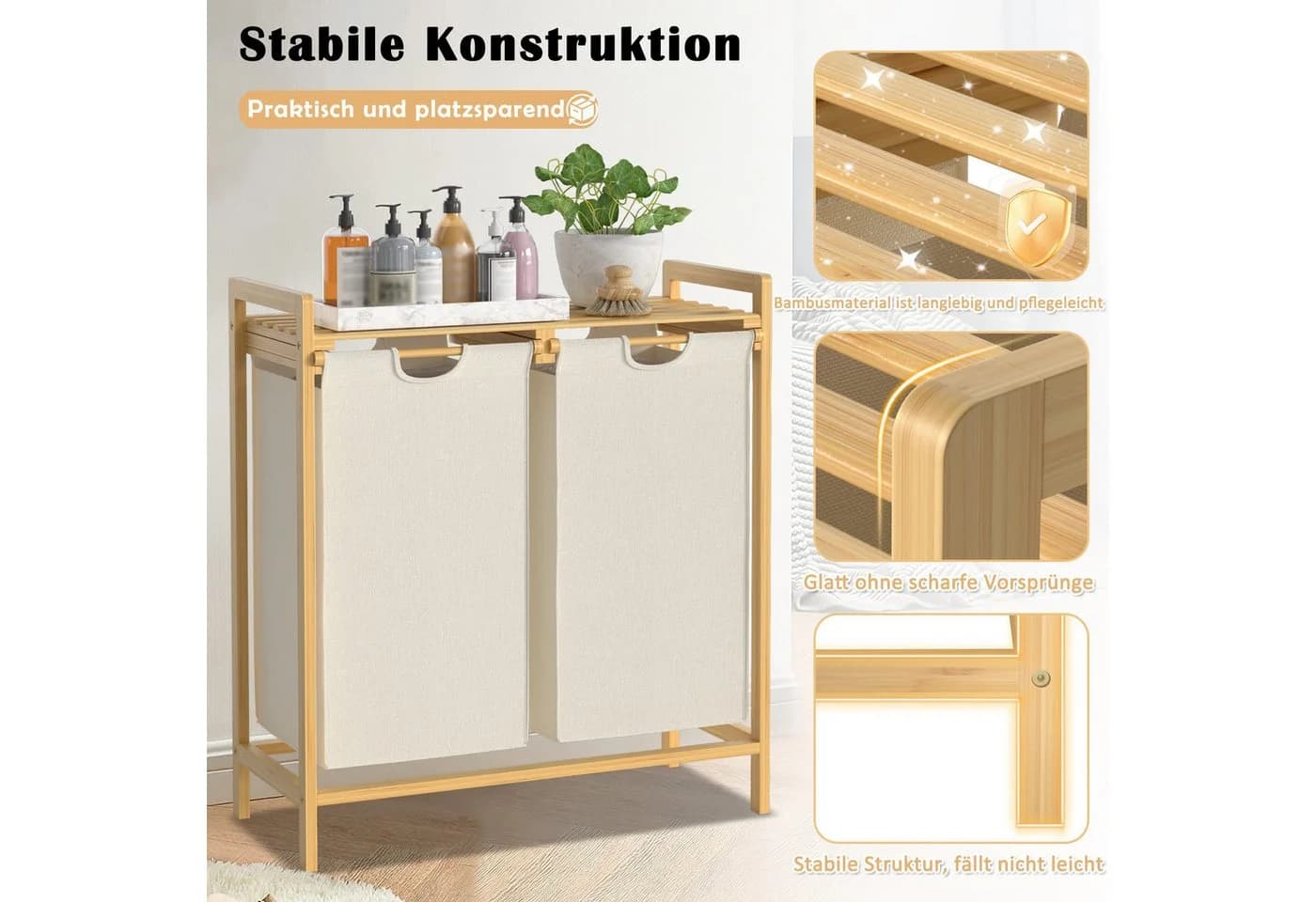 FIVMEN Wäschekorb Zweistöckig Beige Grau Bambus - Bild 5