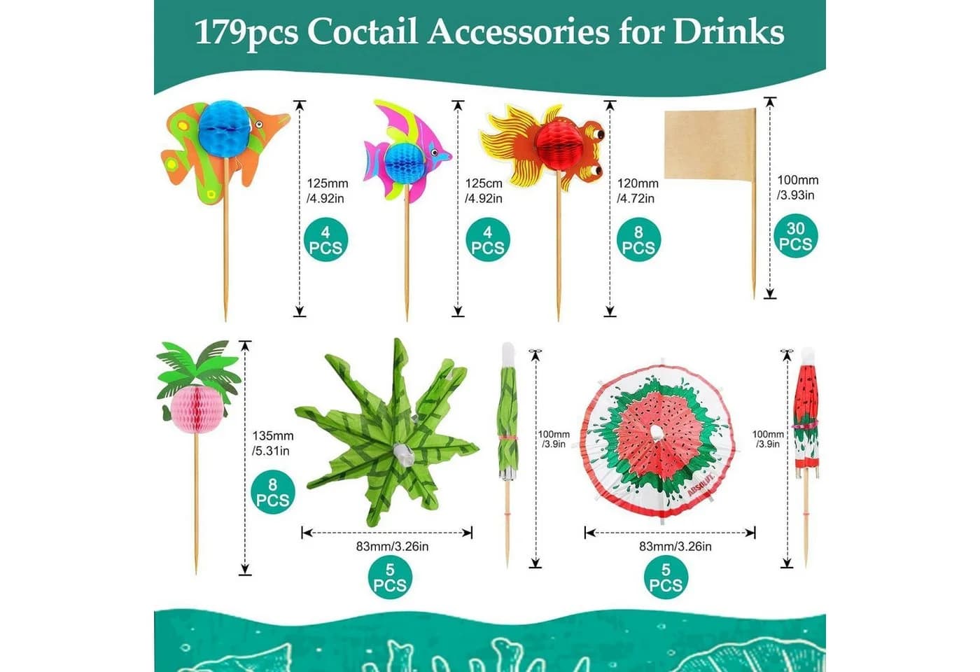 LuxusKollektion Cocktail Deko Set 179-tlg. Bunt mit Strohhalmen & Schirmchen