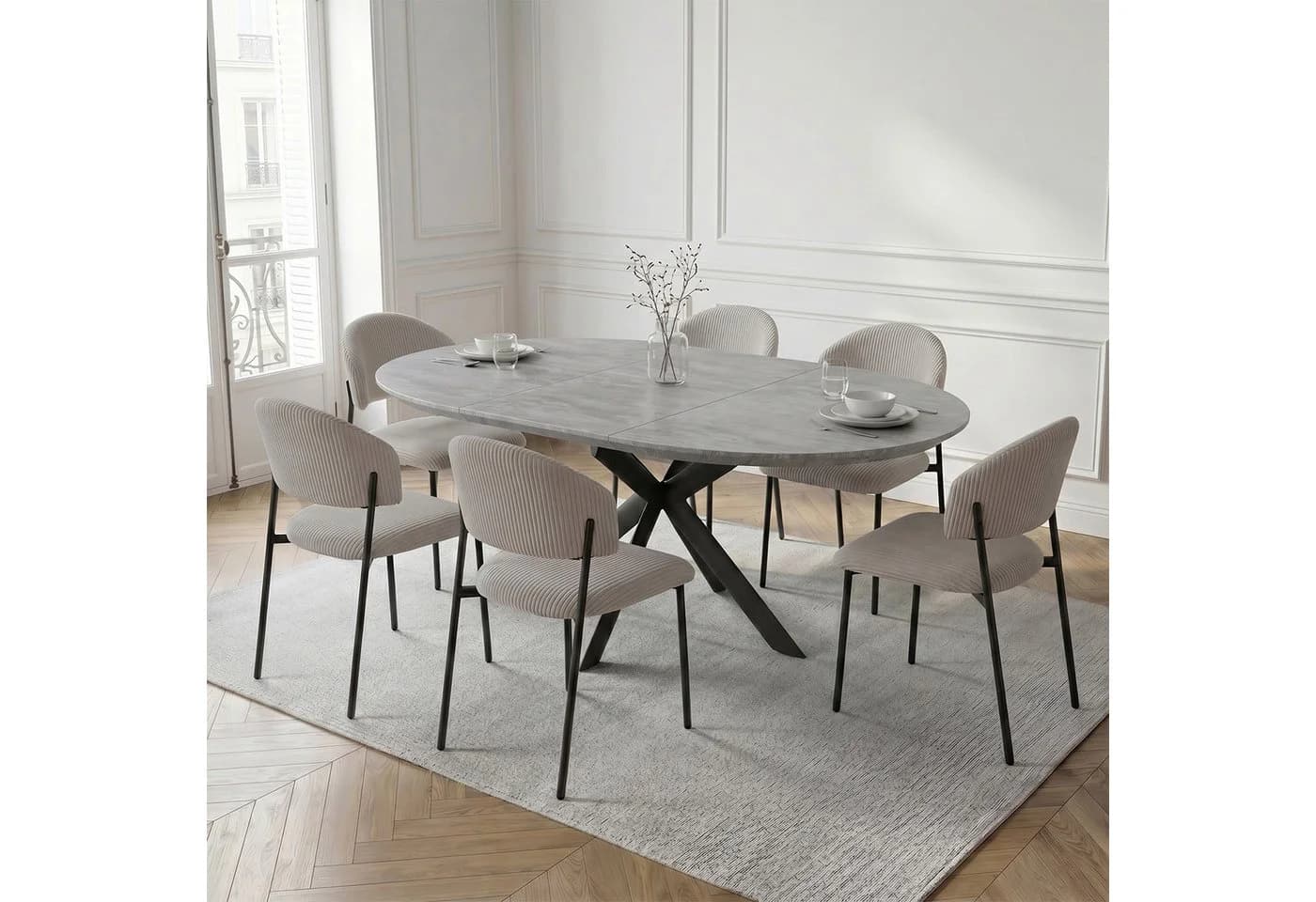Jiexi Essgruppe ausziehbar rund/oval mit Cordstühlen - Bild 2
