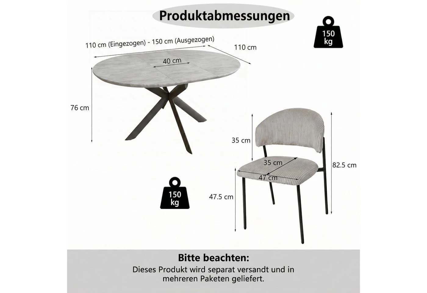 Jiexi Essgruppe ausziehbar rund/oval mit Cordstühlen - Bild 3