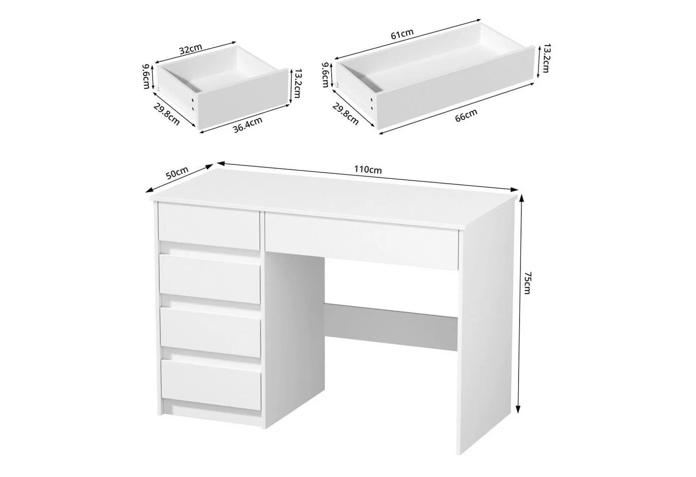 VOWNER Schreibtisch mit 5 Schubladen Weiß/Schwarz