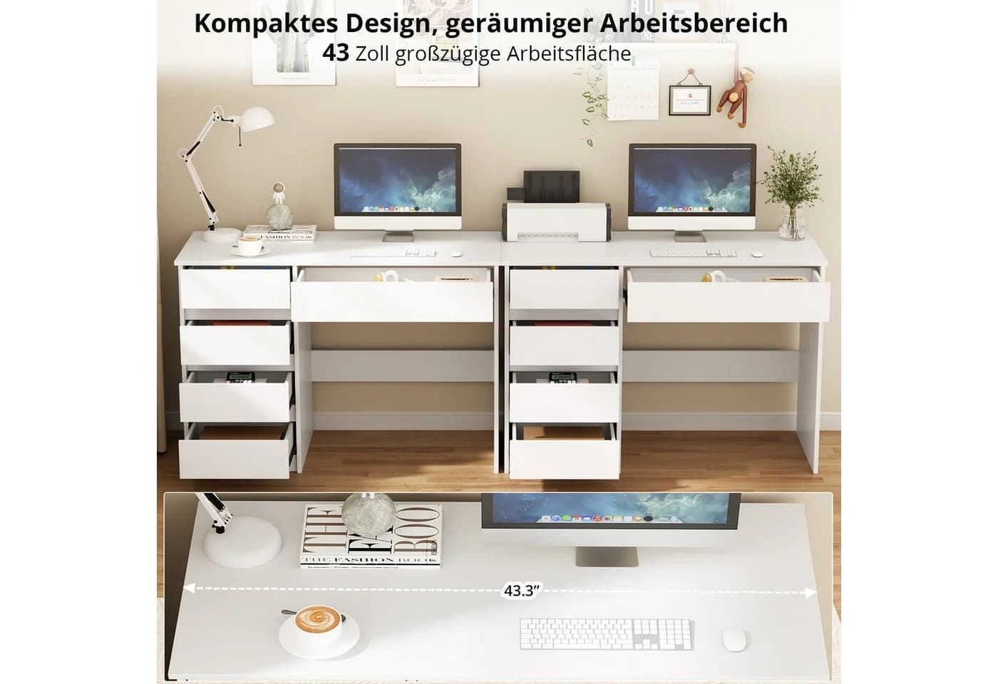 VOWNER Schreibtisch mit 5 Schubladen Weiß/Schwarz - Bild 5