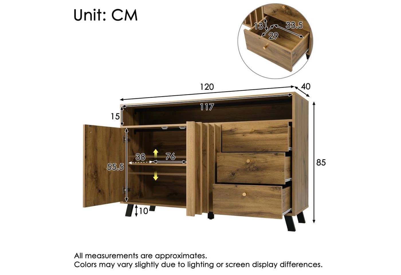 Ulife Sideboard Vintage 3 Schubladen 2 Türen Braun