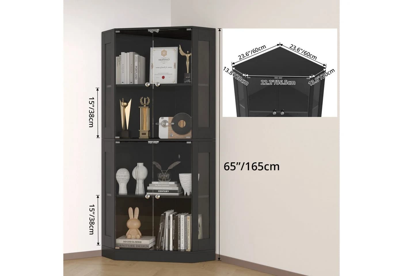 VOWNER Eckschrank mit Glastüren und LED-Beleuchtung Schwarz/Weiß