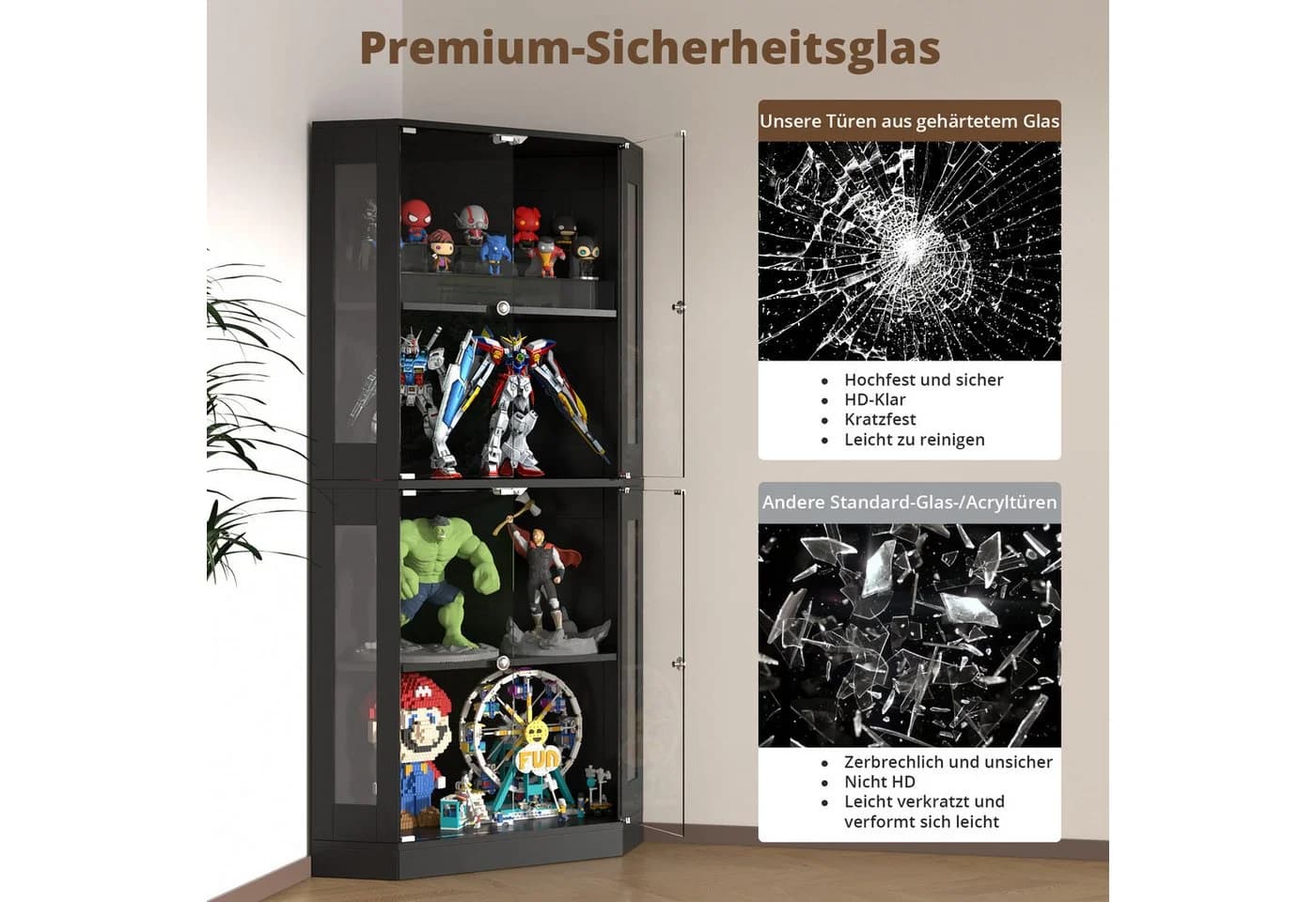 VOWNER Eckschrank mit Glastüren und LED-Beleuchtung Schwarz/Weiß - Bild 4