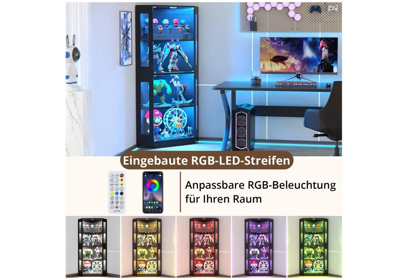VOWNER Eckschrank mit Glastüren und LED-Beleuchtung Schwarz/Weiß - Bild 5
