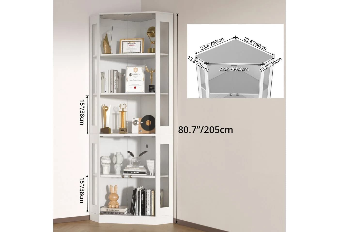 VOWNER Eckschrank 205 cm Beleuchtete Vitrine mit Glastüren, 5-stöckiges Eckregal