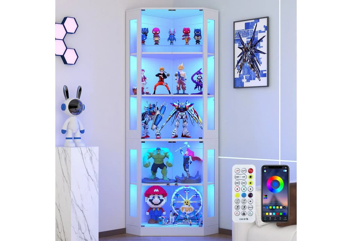 VOWNER Eckschrank 205 cm Beleuchtete Vitrine mit Glastüren, 5-stöckiges Eckregal - Bild 2