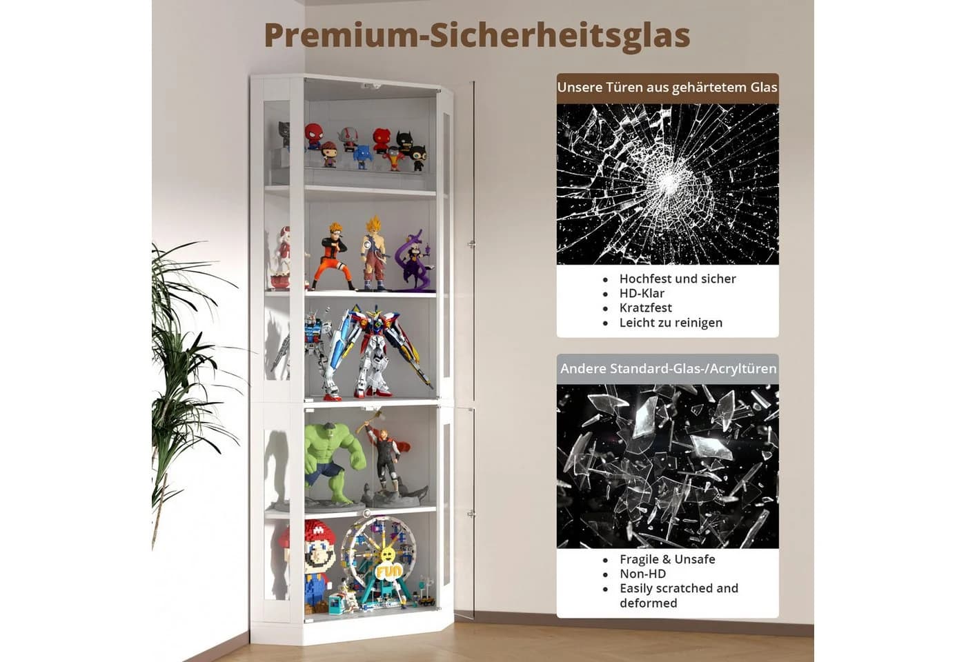 VOWNER Eckschrank 205 cm Beleuchtete Vitrine mit Glastüren, 5-stöckiges Eckregal - Bild 4
