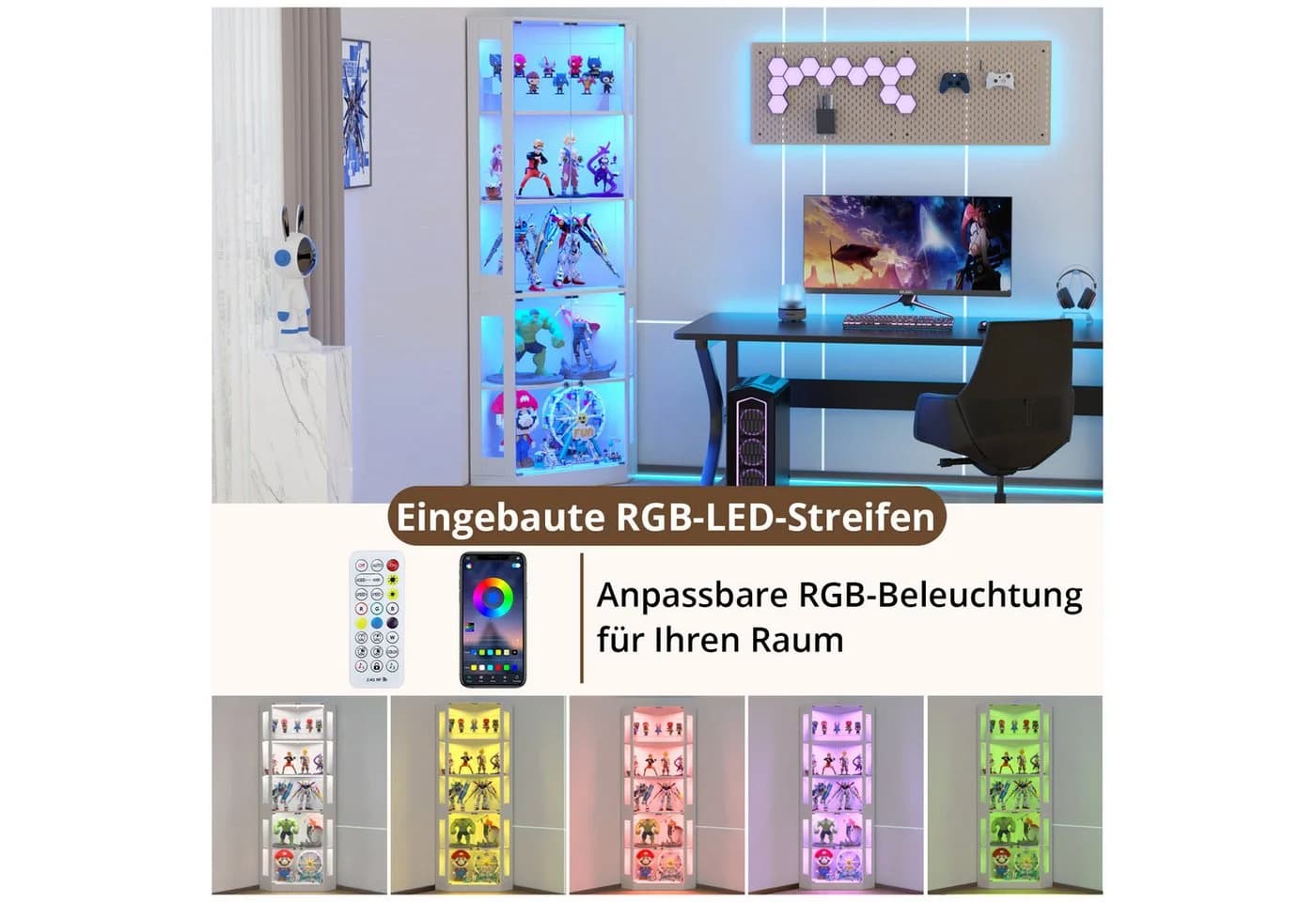 VOWNER Eckschrank 205 cm Beleuchtete Vitrine mit Glastüren, 5-stöckiges Eckregal - Bild 5