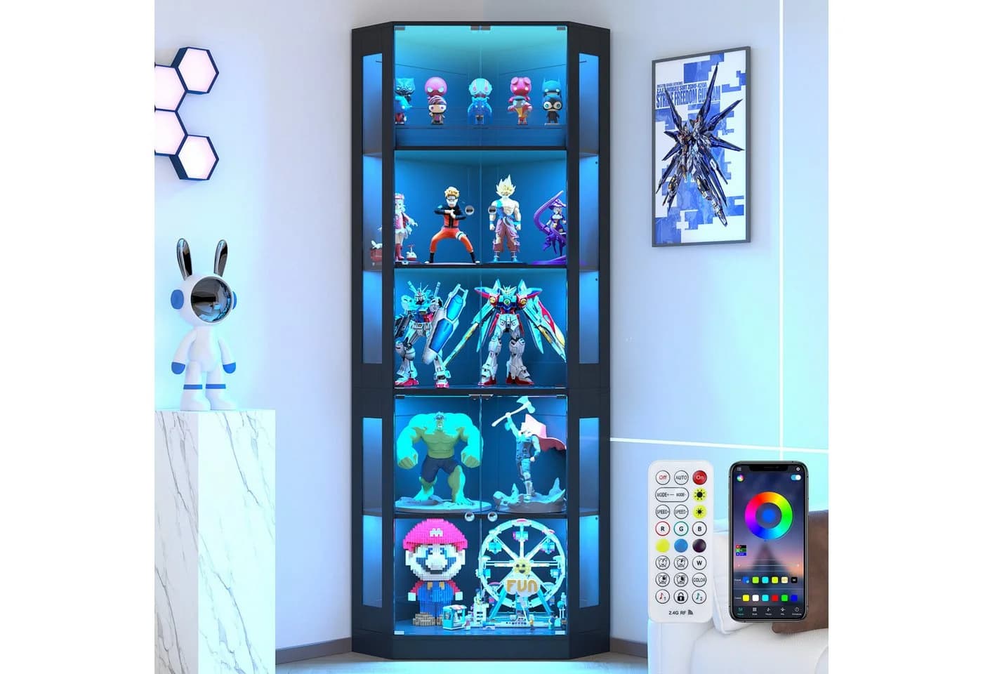VOWNER Eckschrank 205 cm Beleuchtete Vitrine mit Glastüren, 5-stöckiges Eckregal mit 3 Farblichtern & Bewegungssensor für Sammlerstücke, Bücher - Bild 2