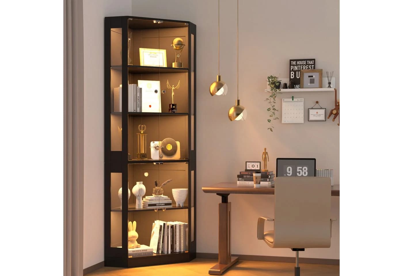 VOWNER Eckschrank 205 cm Beleuchtete Vitrine mit Glastüren, 5-stöckiges Eckregal mit 3 Farblichtern & Bewegungssensor für Sammlerstücke, Bücher - Bild 3