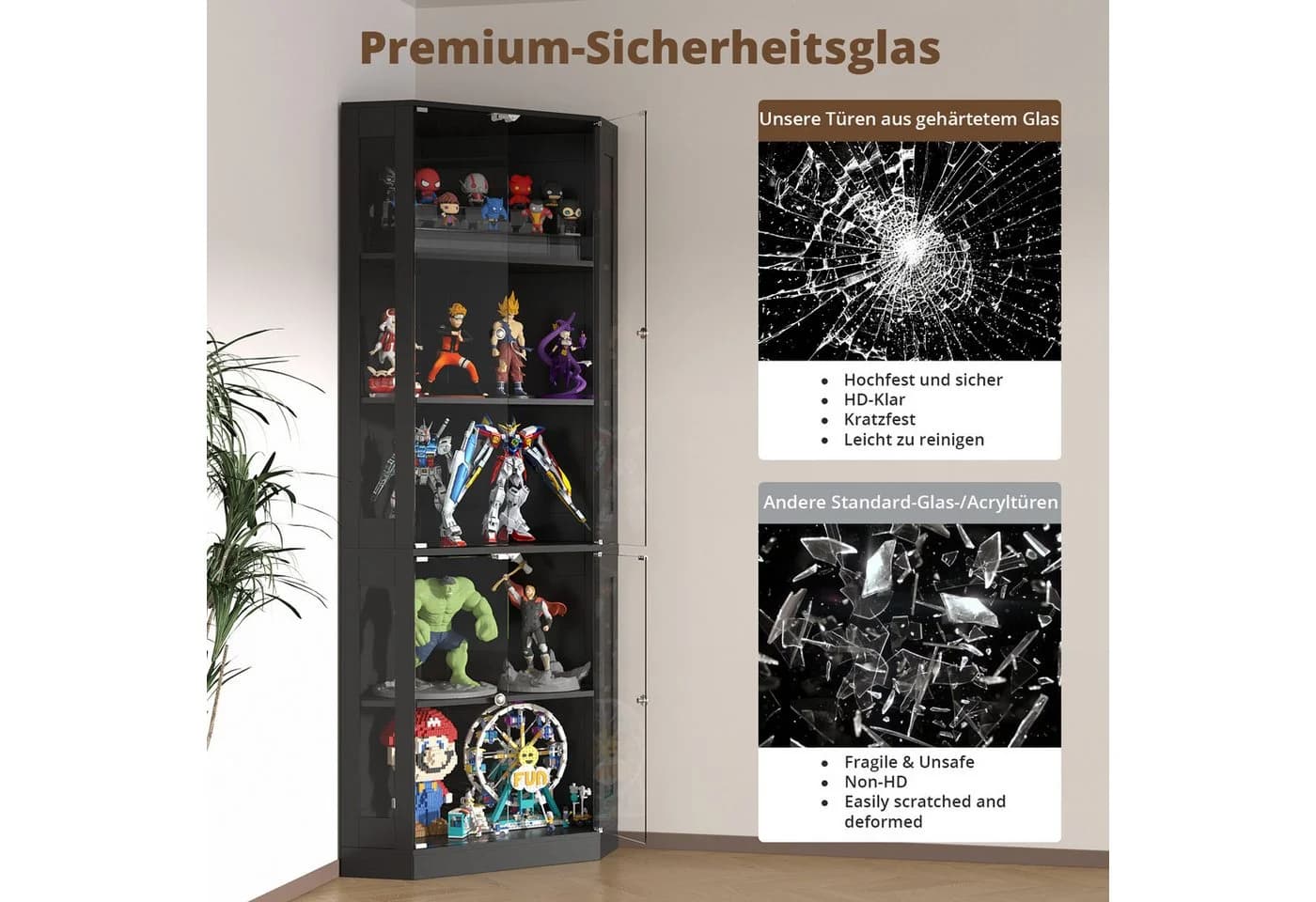 VOWNER Eckschrank 205 cm Beleuchtete Vitrine mit Glastüren, 5-stöckiges Eckregal mit 3 Farblichtern & Bewegungssensor für Sammlerstücke, Bücher - Bild 4