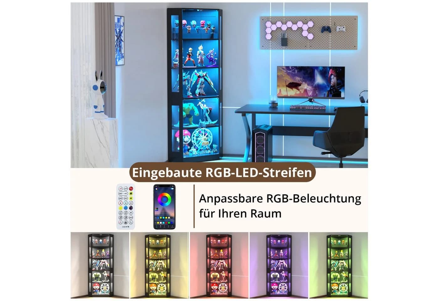 VOWNER Eckschrank 205 cm Beleuchtete Vitrine mit Glastüren, 5-stöckiges Eckregal mit 3 Farblichtern & Bewegungssensor für Sammlerstücke, Bücher - Bild 5