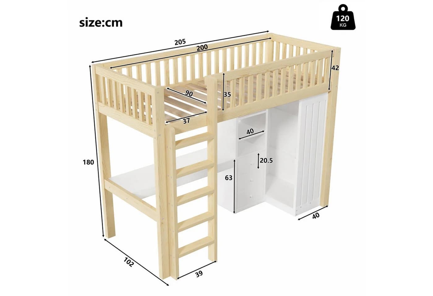Ulife Hochbett mit Schreibtisch, Schrank & Schubladen Natur