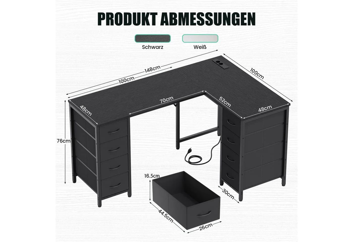 YOUDENOVA L-Form-Eckschreibtisch Schwarz 8 Schubladen