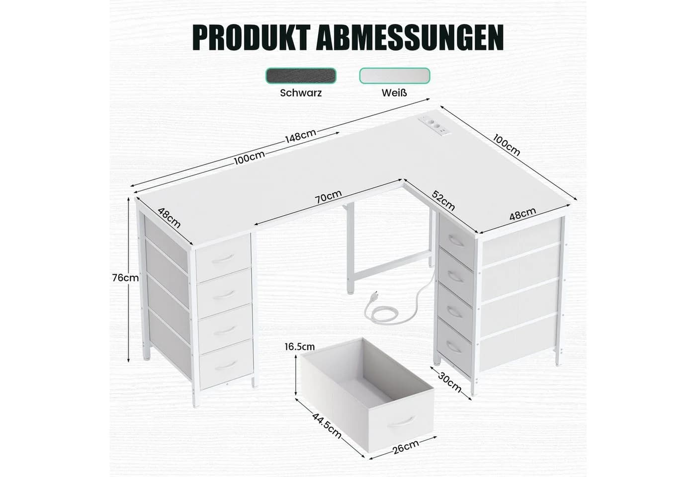 YOUDENOVA L-Form-Eckschreibtisch Schwarz mit 8 Stoffschubladen und USB-Ladeanschlüssen