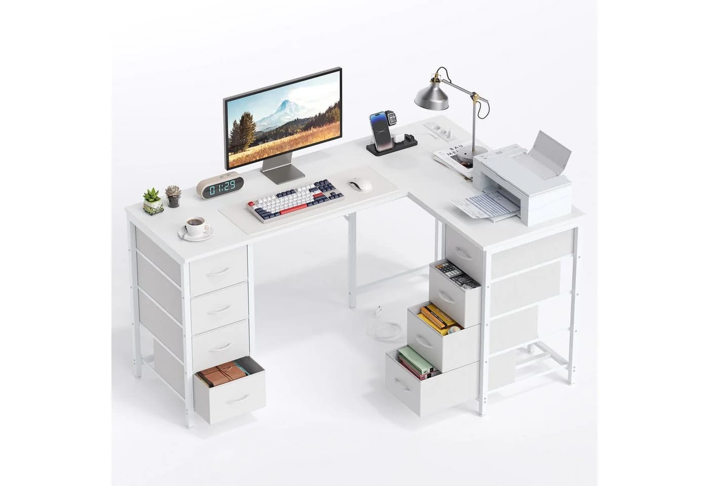 YOUDENOVA L-Form-Eckschreibtisch Schwarz mit 8 Stoffschubladen und USB-Ladeanschlüssen - Bild 2