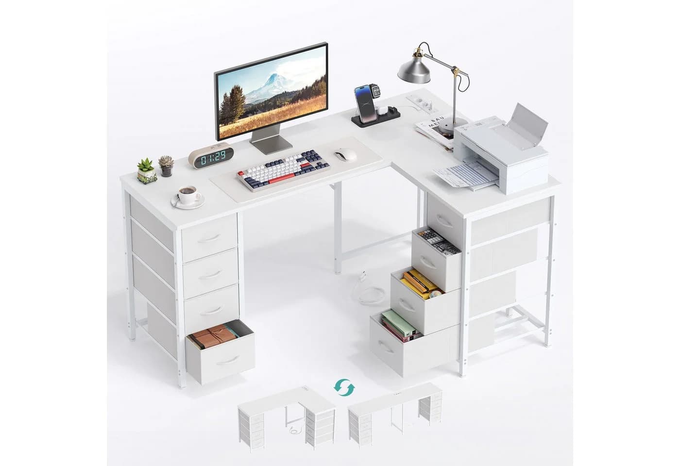 YOUDENOVA L-Form-Eckschreibtisch Schwarz mit 8 Stoffschubladen und USB-Ladeanschlüssen - Bild 3