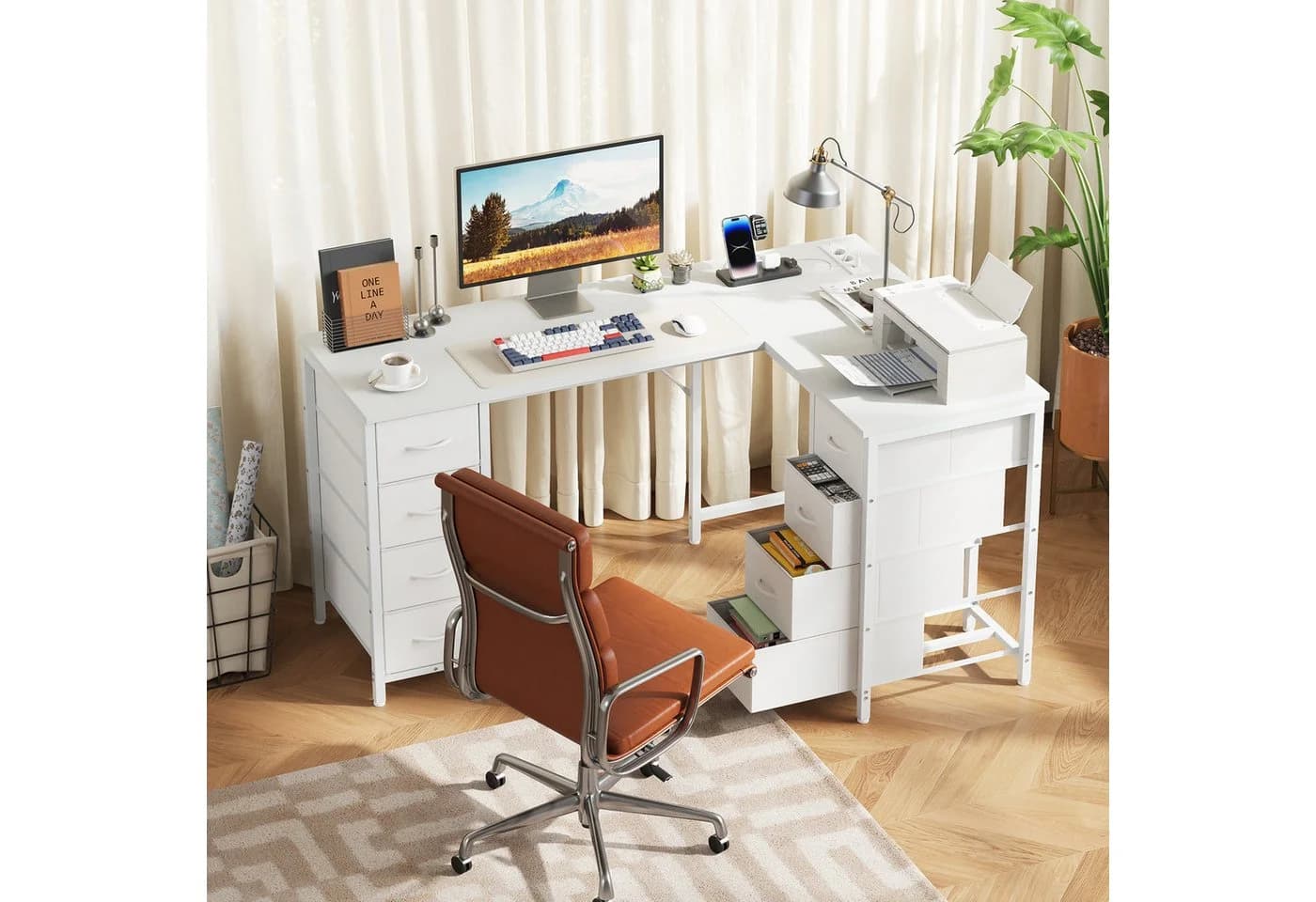 YOUDENOVA L-Form-Eckschreibtisch Schwarz mit 8 Stoffschubladen und USB-Ladeanschlüssen - Bild 4