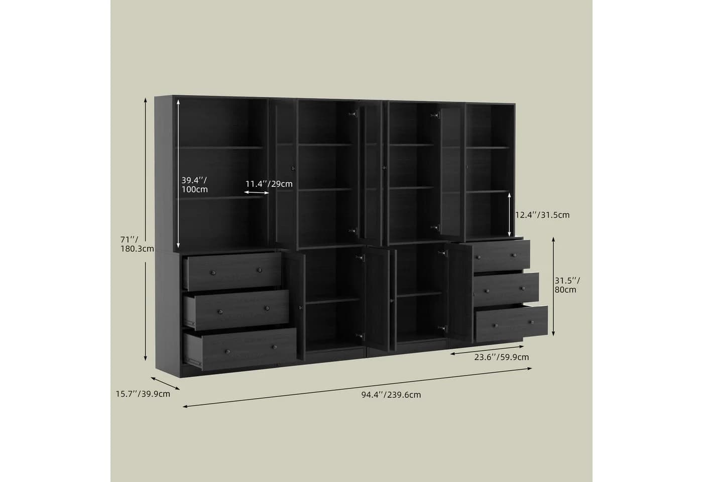 VOWNER Bücherregal 5-stöckig mit Glastüren 180 cm Vitrinenschrank