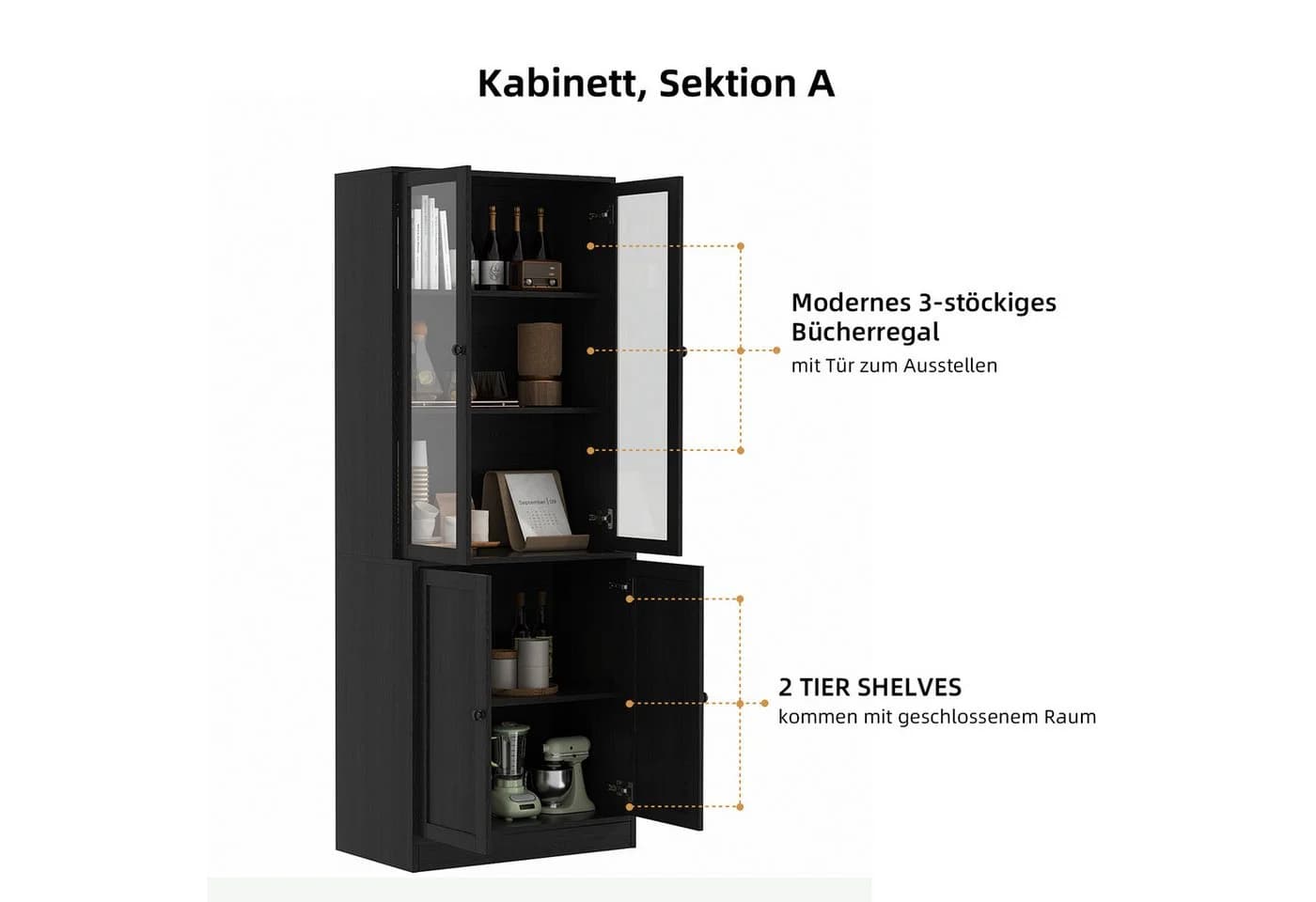 VOWNER Bücherregal 5-stöckig mit Glastüren 180 cm Vitrinenschrank - Bild 4