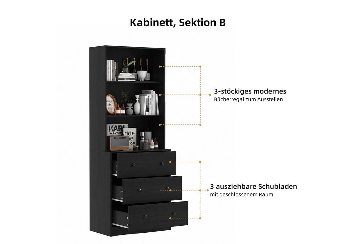 VOWNER Bücherregal 5-stöckig mit Glastüren 180 cm Vitrinenschrank - Bild 5