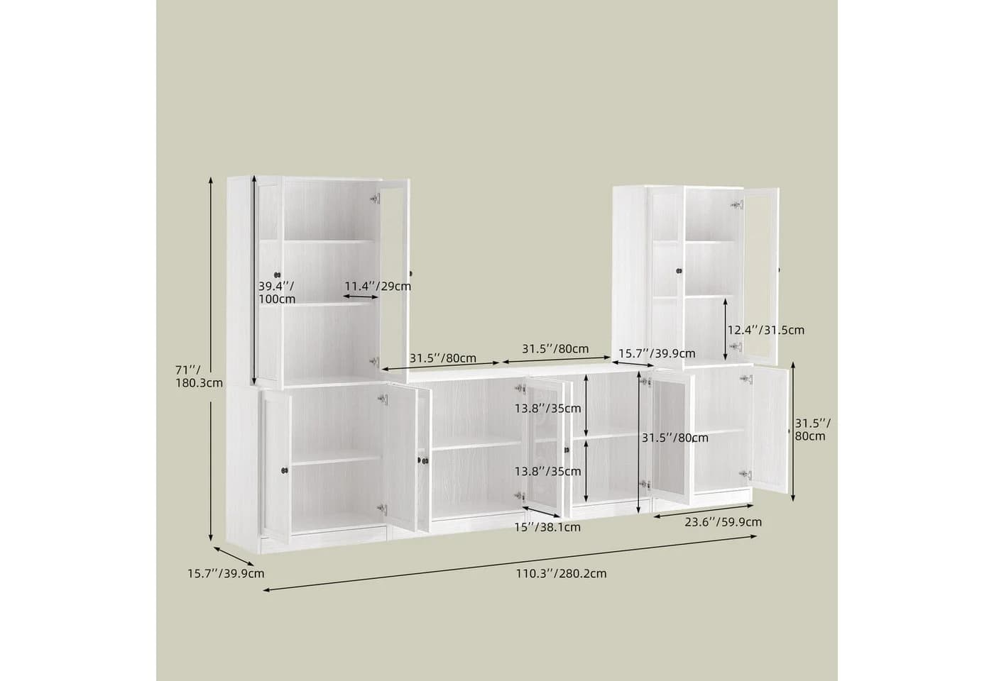 VOWNER TV-Schrank Set Weiß 280 cm mit Glastüren