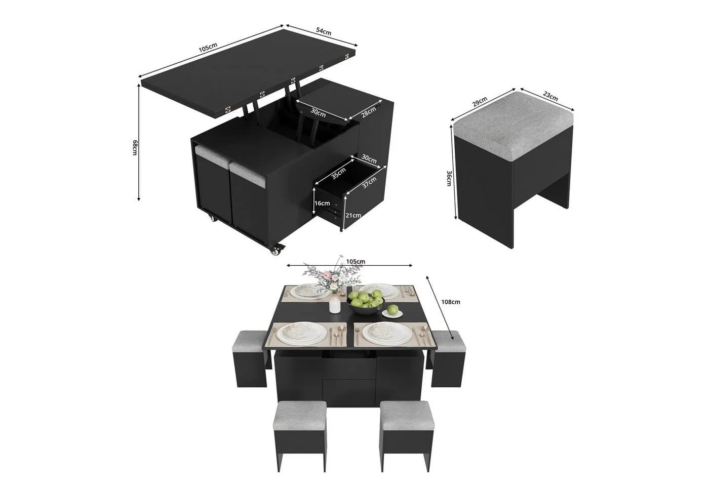 VOWNER Couchtisch mit klappbarer Tischplatte – 4-in-1 Multifunktions Wohnzimmertisch
