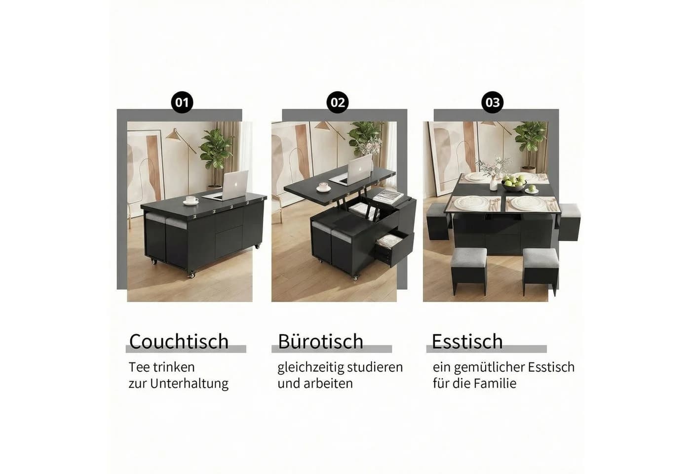 VOWNER Couchtisch mit klappbarer Tischplatte – 4-in-1 Multifunktions Wohnzimmertisch - Bild 5