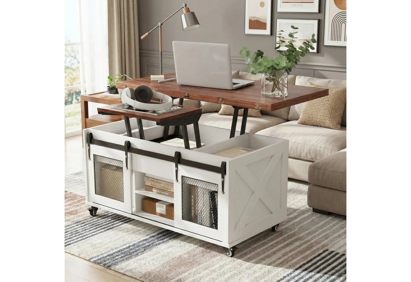 VOWNER Couchtisch 3-in-1 Wohnzimmertisch mit Rollen & Versteckaufbewahrung Schwarz/Braun - Bild 3
