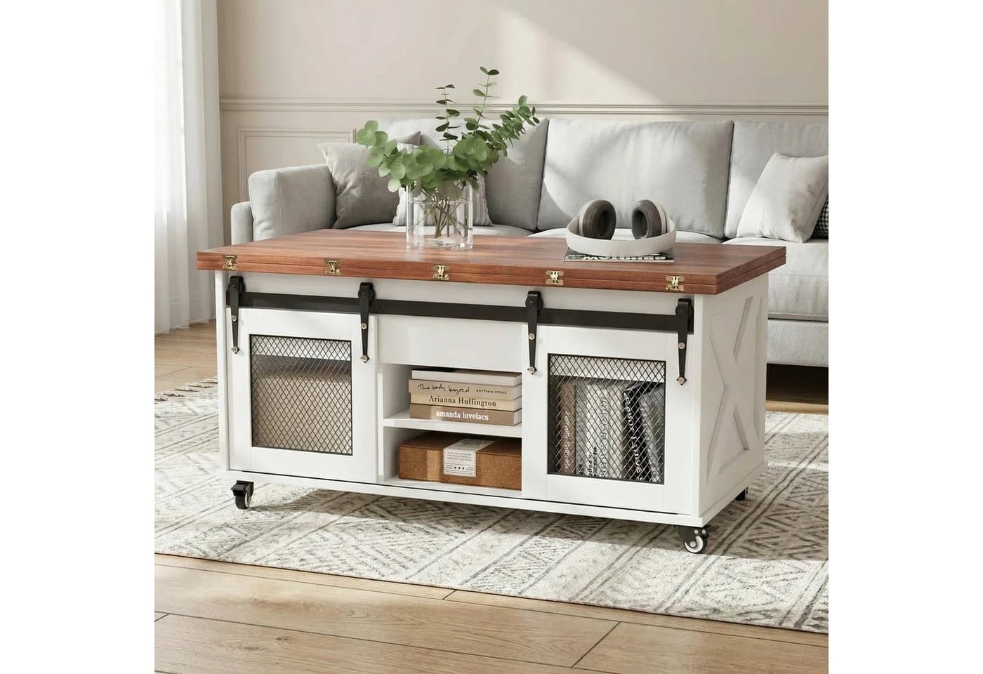 VOWNER Couchtisch 3-in-1 Wohnzimmertisch mit Rollen & Versteckaufbewahrung Schwarz/Braun - Bild 4