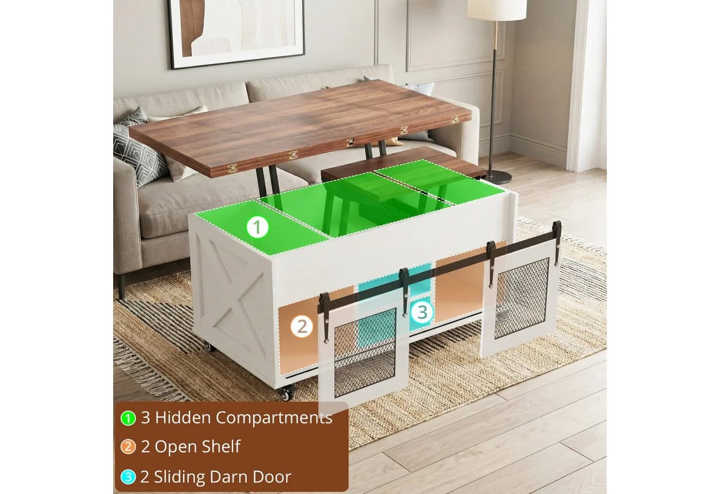 VOWNER Couchtisch 3-in-1 Wohnzimmertisch mit Rollen & Versteckaufbewahrung Schwarz/Braun - Bild 5