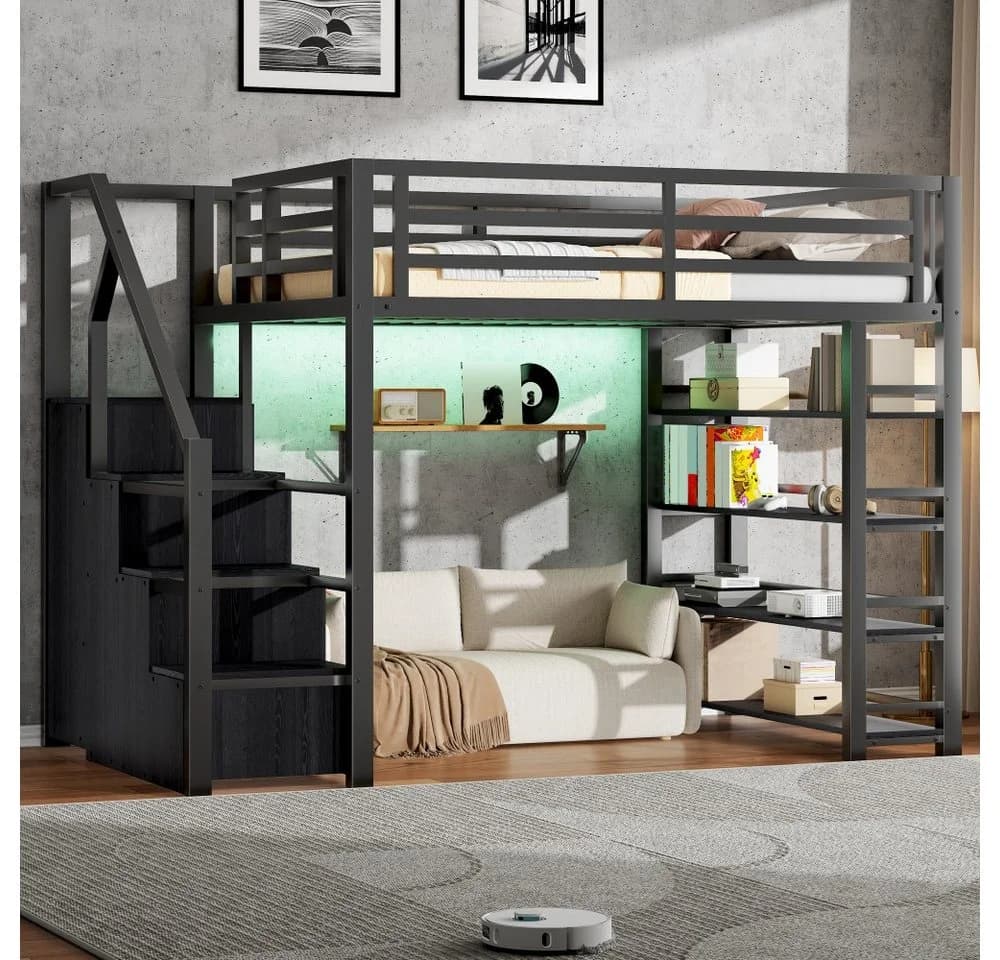 Ulife Metall-Hochbett 140x200 Schwarz mit Schrank & LED - Bild 2