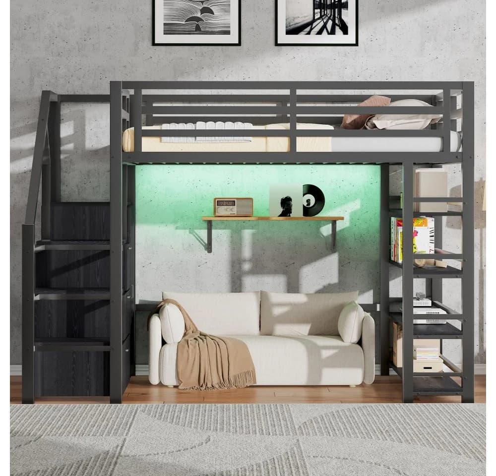 Ulife Metall-Hochbett 140x200 Schwarz mit Schrank & LED - Bild 3
