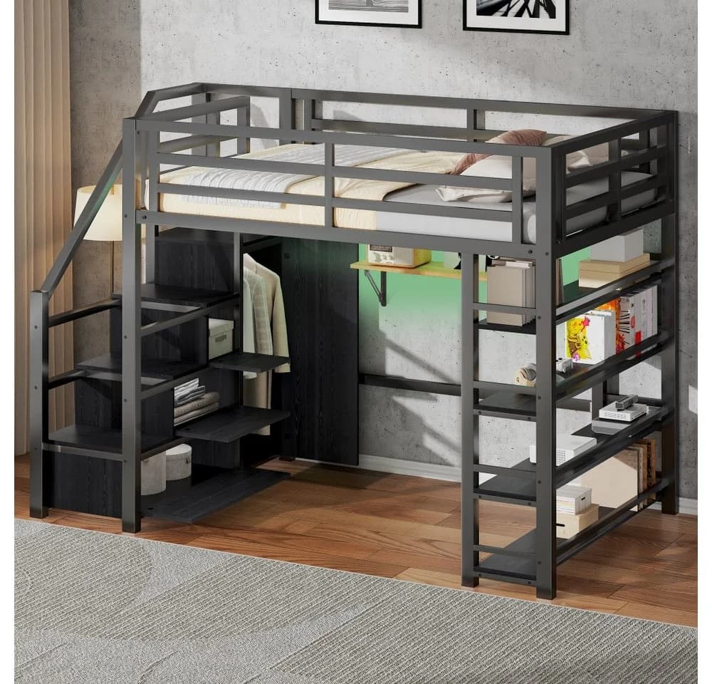 Ulife Metall-Hochbett 140x200 Schwarz mit Schrank & LED - Bild 4